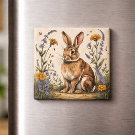 Vintage Rabbit with Wildflowers Magnet