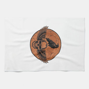 Vintage-Rabe-Geflügelter-Totenkopf-Orange-Mond-Vek Geschirrtuch