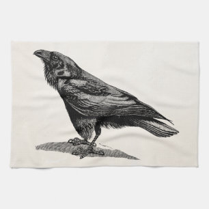 Vintage-Raben-Krähe-Amsel-Vogel-Illustration Geschirrtuch