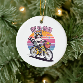 Vintage Raccoon Biking See Ya Soon Retro Sunset  Keramik Ornament