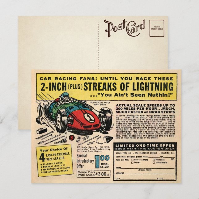 Vintage Race Car Mail Bestellung Postkarte (Vorne/Hinten)
