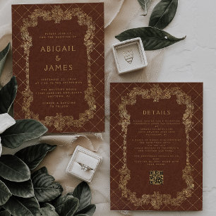 Vintage Rahmen Rost Gold QR Code Hochzeit Einladung
