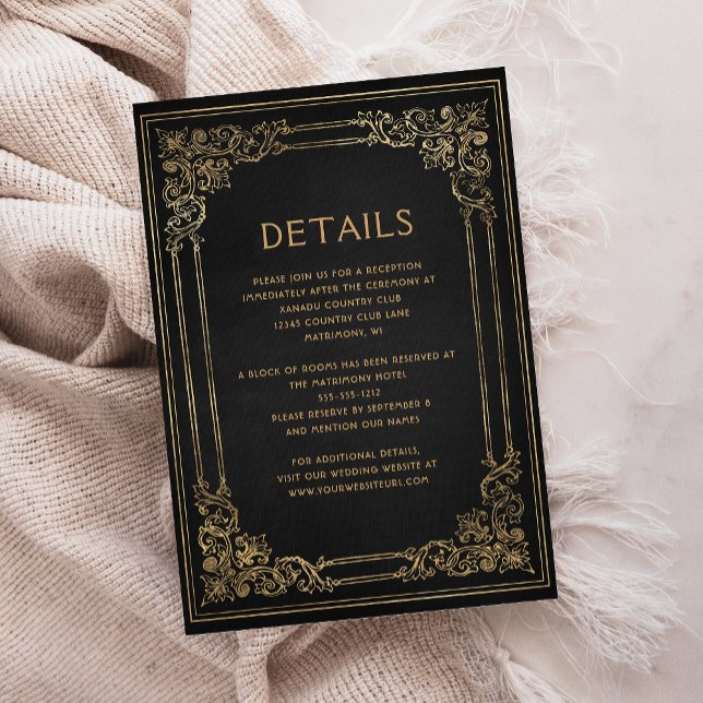 Vintage Rahmen Schwarz-Gold-Hochzeitsdetails Begleitkarte (Von Creator hochgeladen)