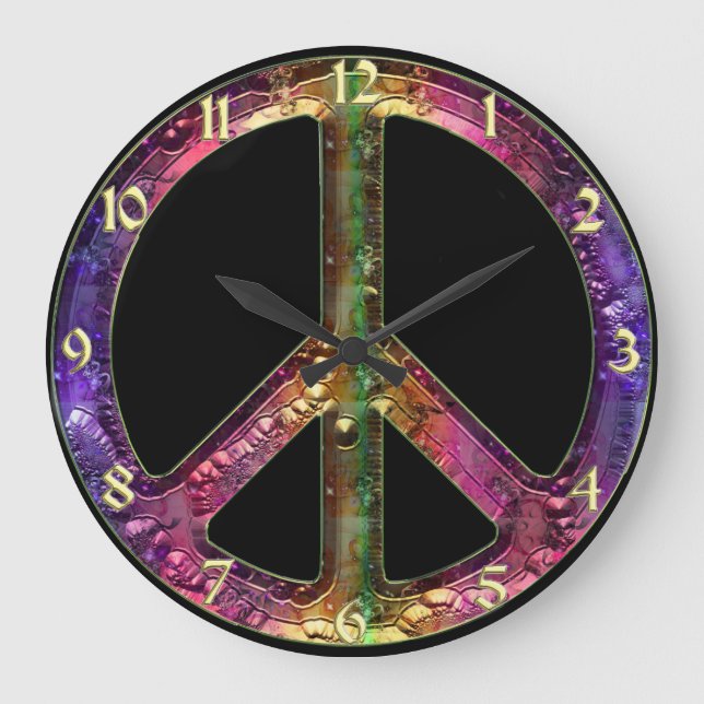 Vintage Rainbow Metallic Peace Sign Clock Große Wanduhr (Vorderseite)