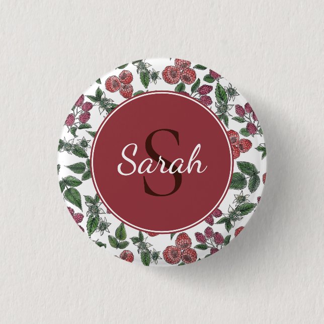 Vintage Raspberry Leaves Illustration Personalised Button (Vorderseite)