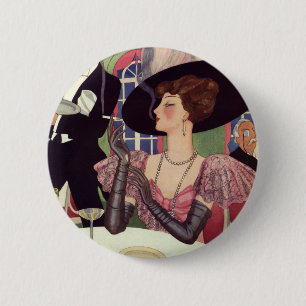 Vintage rauchende Frau Zigarette Drink Champagner Button