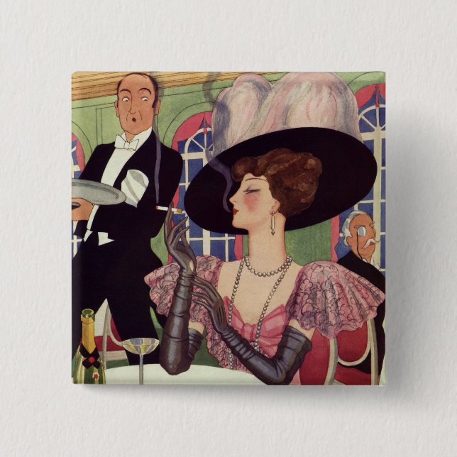 Vintage rauchende Frau Zigarette Drink Champagner Button (Vorderseite)