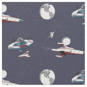 Vintage Raumstationen, Raketen, Planeten und Stern Stoff