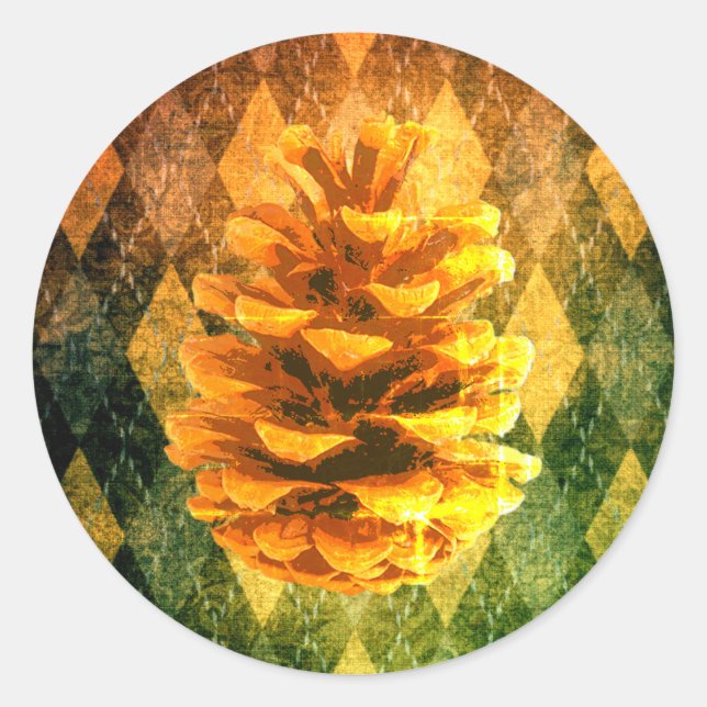 Vintage Raute pinecone rustikale goldgrün Runder Aufkleber (Vorderseite)