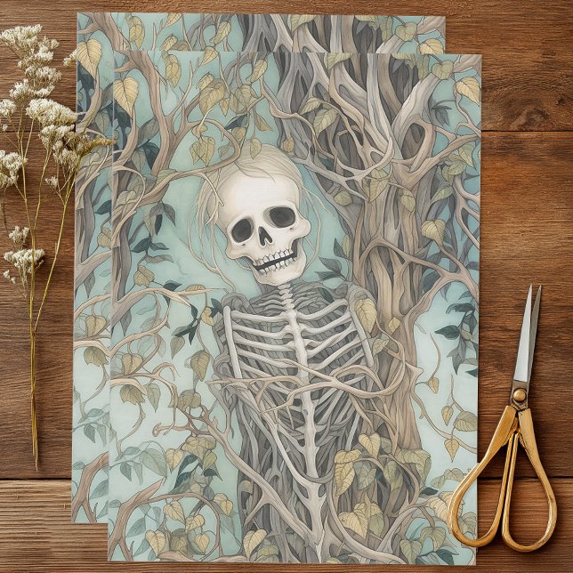 Vintage Reben und Skelett Seidenpapier (Tissue paper featuring a detailed skeleton entwined with vines and branches)