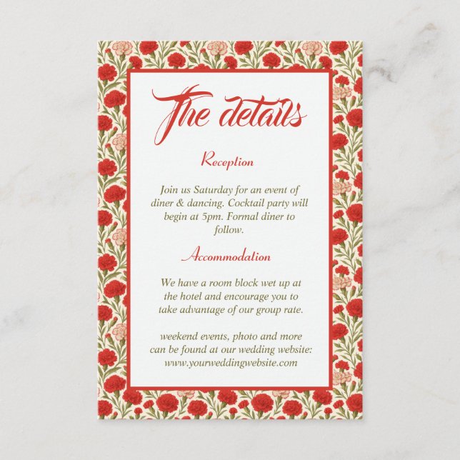 Vintage Red Carnation Blume Hochzeitdetails Begleitkarte (Vorderseite)