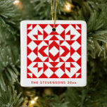 Vintage Red Christmas Geometric Quilt Personalized Keramikornament<br><div class="desc">Decorate your tree with this stylish ceramic ornament featuring a classic red and white quilt block cover design and personalized with your name and year. Great gift for quilters and quilt lovers.</div>