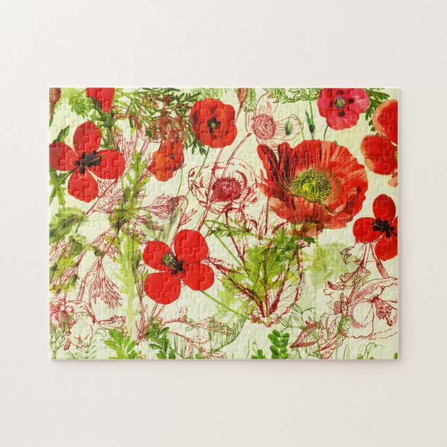 Vintage Red Green Poppies Sommer-Wildblumen (Horizontal)
