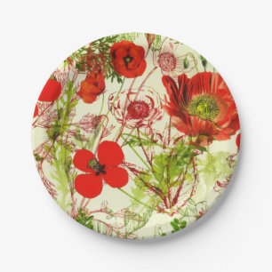 Vintage Red Green Poppies Sommerliche Wildblumen Pappteller