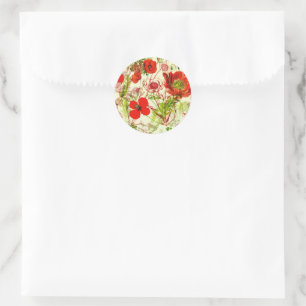 Vintage Red Green Poppies Sommerliche Wildblumen Runder Aufkleber
