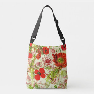 Vintage Red Green Poppies Sommerliche Wildblumen Tragetaschen Mit Langen Trägern