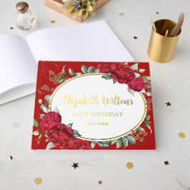 Vintage Red Peonies Floral Butterflies Birthday Gästebuch