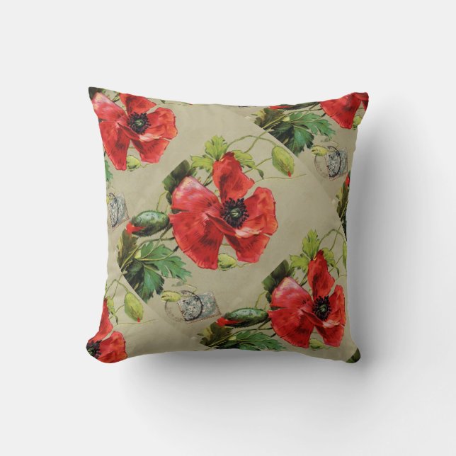 VINTAGE RED POPPY-BLUME KISSEN (Vorderseite)