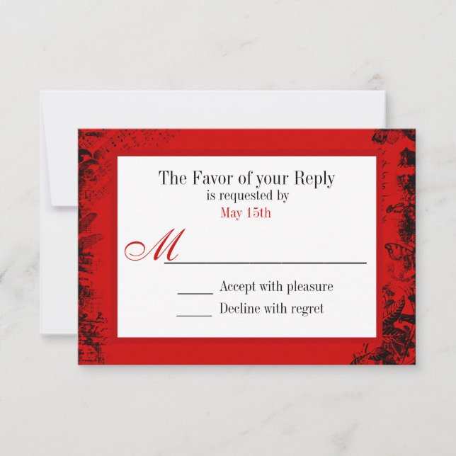 Vintage Red Schwarz-weiß Print Wedding RSVP Card (Vorderseite)