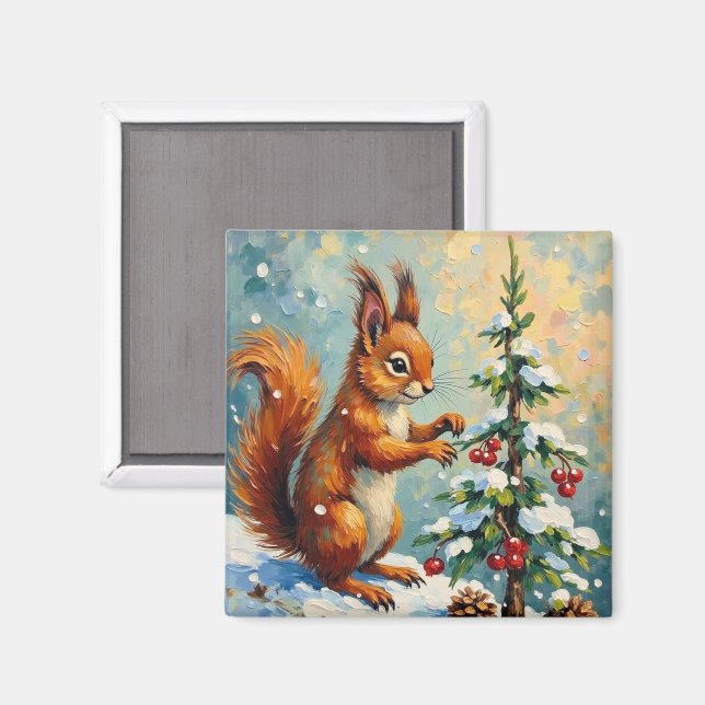 Vintage Red Squirrel Pine Tree Christmas Magnet (Vorderseite/Rückseite)