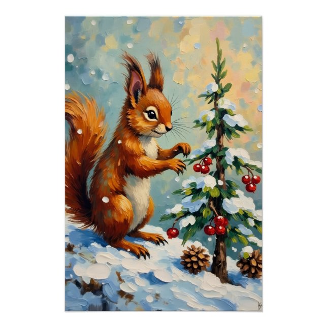 Vintage Red Squirrel Pine Tree Christmas Poster (Vorderseite)