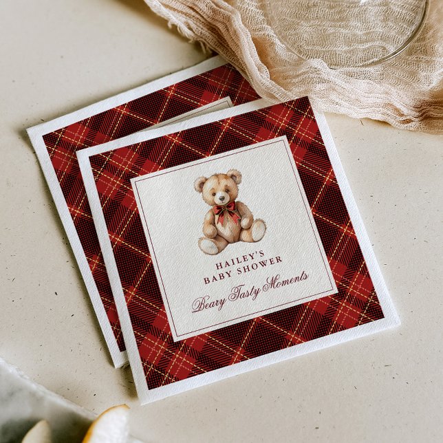 Vintage Red Tartan Teddy Bear Baby Shower Serviette (Von Creator hochgeladen)