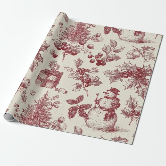 Vintage Red Toile Christmas Botanical - Holly Geschenkpapier (Ungerollt)
