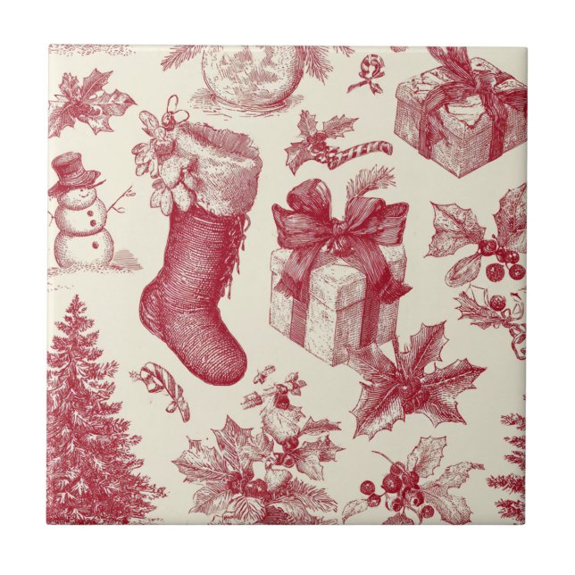 Vintage Red Toile Christmas Pattern with Stockings Fliese (Vorderseite)