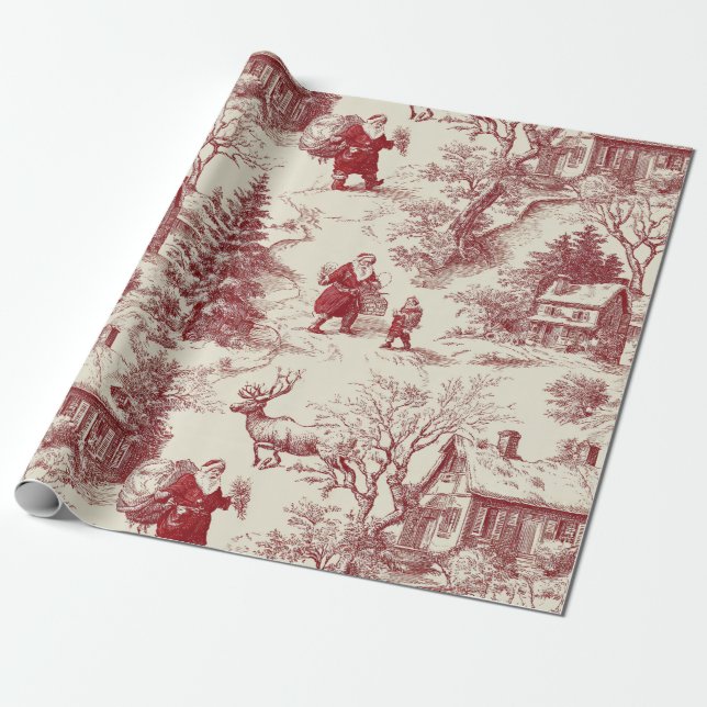 Vintage Red Toile Christmas Village - Santa Geschenkpapier (Ungerollt)