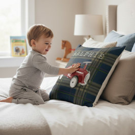 Vintage Red Toy Car Plaid Nursery Name Throw Kissen