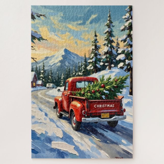 Vintage Red Truck Carrying Christmas Tree (Vertikal)