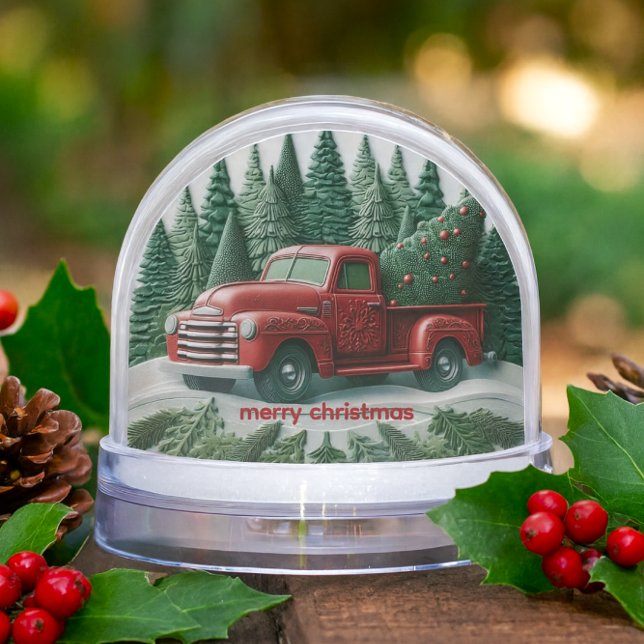 Vintage Red Truck Merry Christmas  Schneekugeln (Vintage red truck snow globe with Christmas tree, holly berries, and pinecones.)