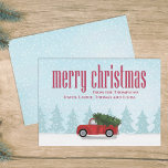 Vintage Red Truck Merry Christmas Whimsical Feiertagskarte<br><div class="desc">A Whimsical vintage red truck winter scene returning from the woods or the Christmas tree lot with this year's Christmas Tree in the snow. This cute Christmas Photo Card featured a rustic red truck and Christmas vintage red truck modern, simple merry Christmas cute watercolor, classic Christmas tree pine, rustic clean...</div>