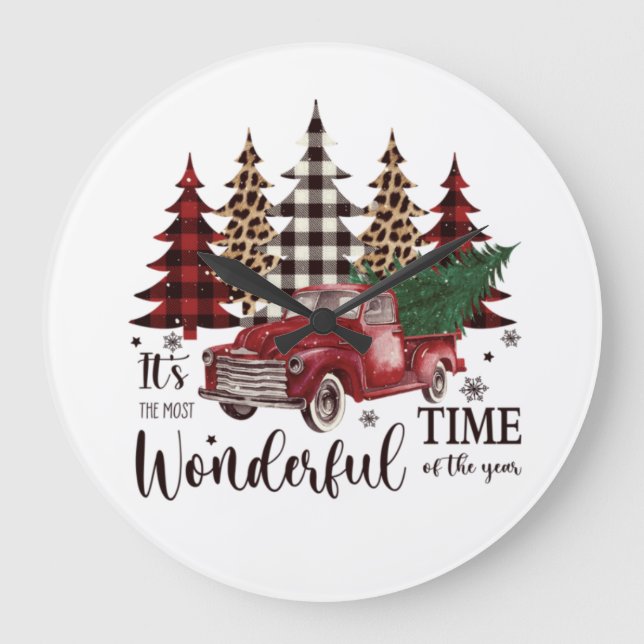 Vintage Red Truck Pine Tree Große Wanduhr (Vorderseite)