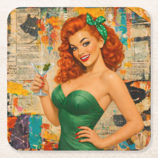 Vintage Redhead Pin-Up Martini Girl – Retro Glam Rechteckiger Pappuntersetzer