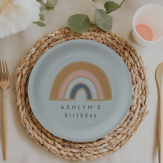 Vintage Regenbogen Pappteller (Mint blue vintage rainbow kids birthday party personalized paper plates.)