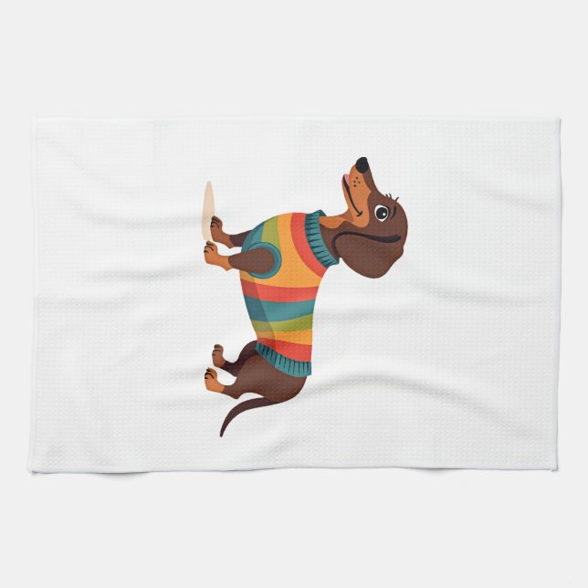 Vintage-Regenbogen-Pullover Dachshund Süßer Langer Geschirrtuch (Horizontal)