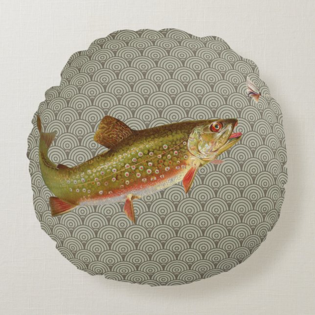 Vintage Regenbogenforelle Fischen Rundes Kissen (Vorderseite)