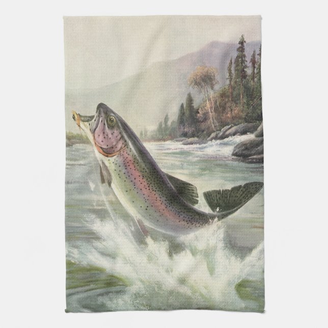 Vintage Regenbogenforelle Fischerei Handtuch (Vertikal)