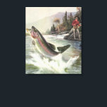 Vintage Regenbogenforelle Fischerei Leinwanddruck<br><div class="desc">Vintages Illustrationsportdesign mit einem Fischer in einem Fluss. Eine Regenbogenforelle spritzt und springt aus dem Wasser.</div>