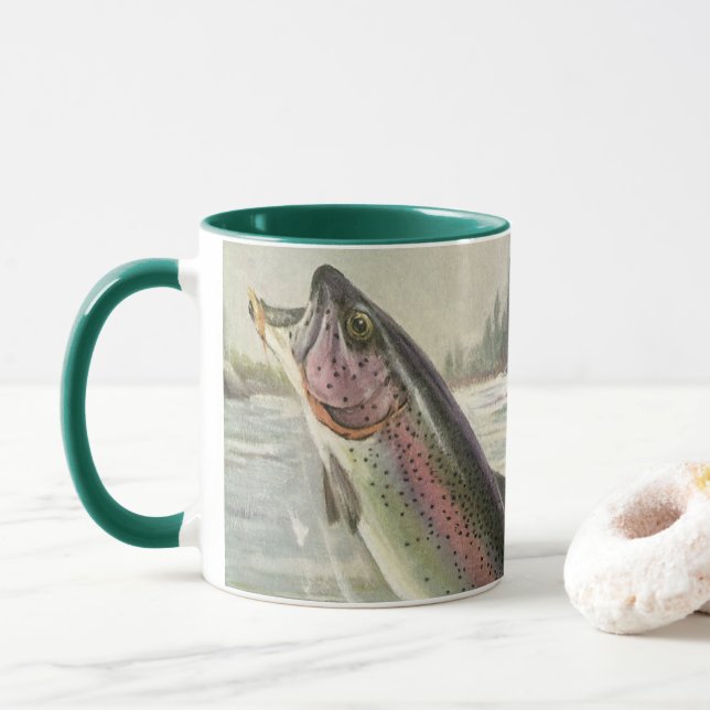 Vintage Regenbogenforelle Fischerei Tasse (Mit Donut)