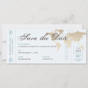 Vintage Reise Blau Braunes Weltkarten Boarding Pas Save The Date