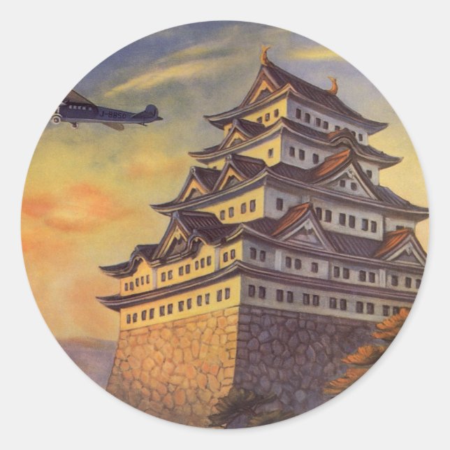 Vintage Reise Japan, Japanisches Pagoda Flugzeug Runder Aufkleber (Vorderseite)