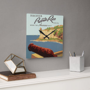 Vintage-Reisekunstposter, Entdecken Sie Puerto Ric Quadratische Wanduhr