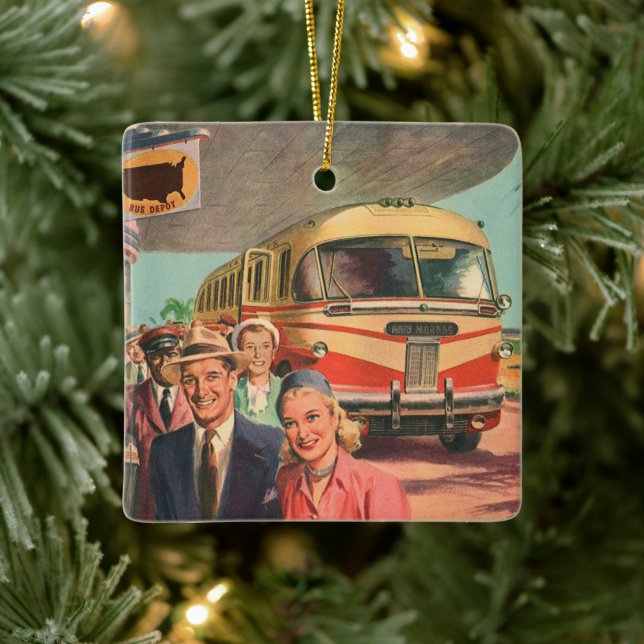 Vintage Reisende am Busbahnhof Keramikornament (Baum)