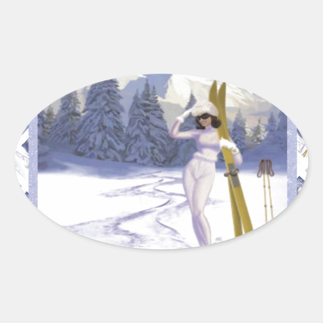 Vintage Reiseplakat, Ski Italien Ovaler Aufkleber (Vorderseite)