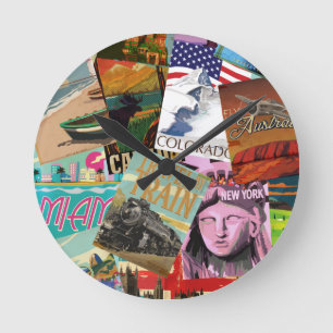 Vintage Reiseplakate Runde Wanduhr