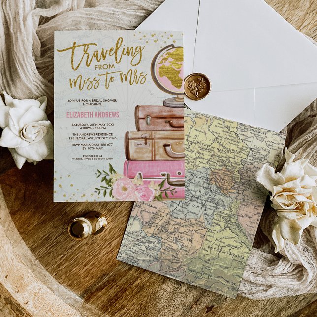 Vintage Reiseplan Brautparty Pink Gold Floral Einladung (Von Creator hochgeladen)