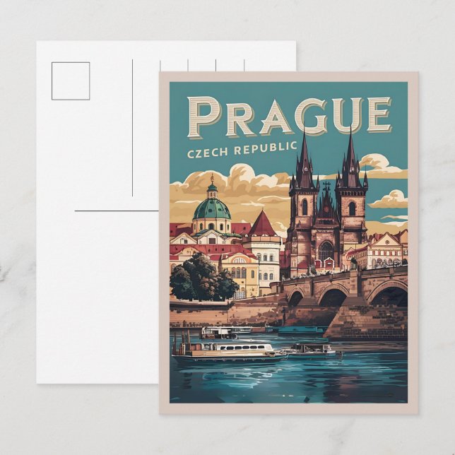 Vintage Reiseprague tschechische Geschenke, Boote Postkarte (Vorne/Hinten)