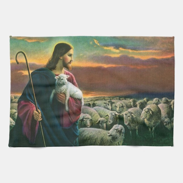 Vintage Religion, Christus guter Hirte mit Flock Geschirrtuch (Horizontal)